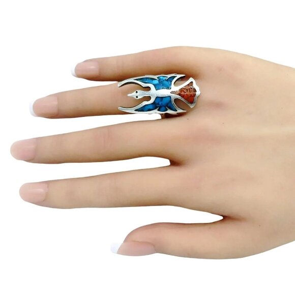 Vintage Navajo Sterling Silver Native American Peyote Bird Coral Turquoise Ring - Picture 2 of 11